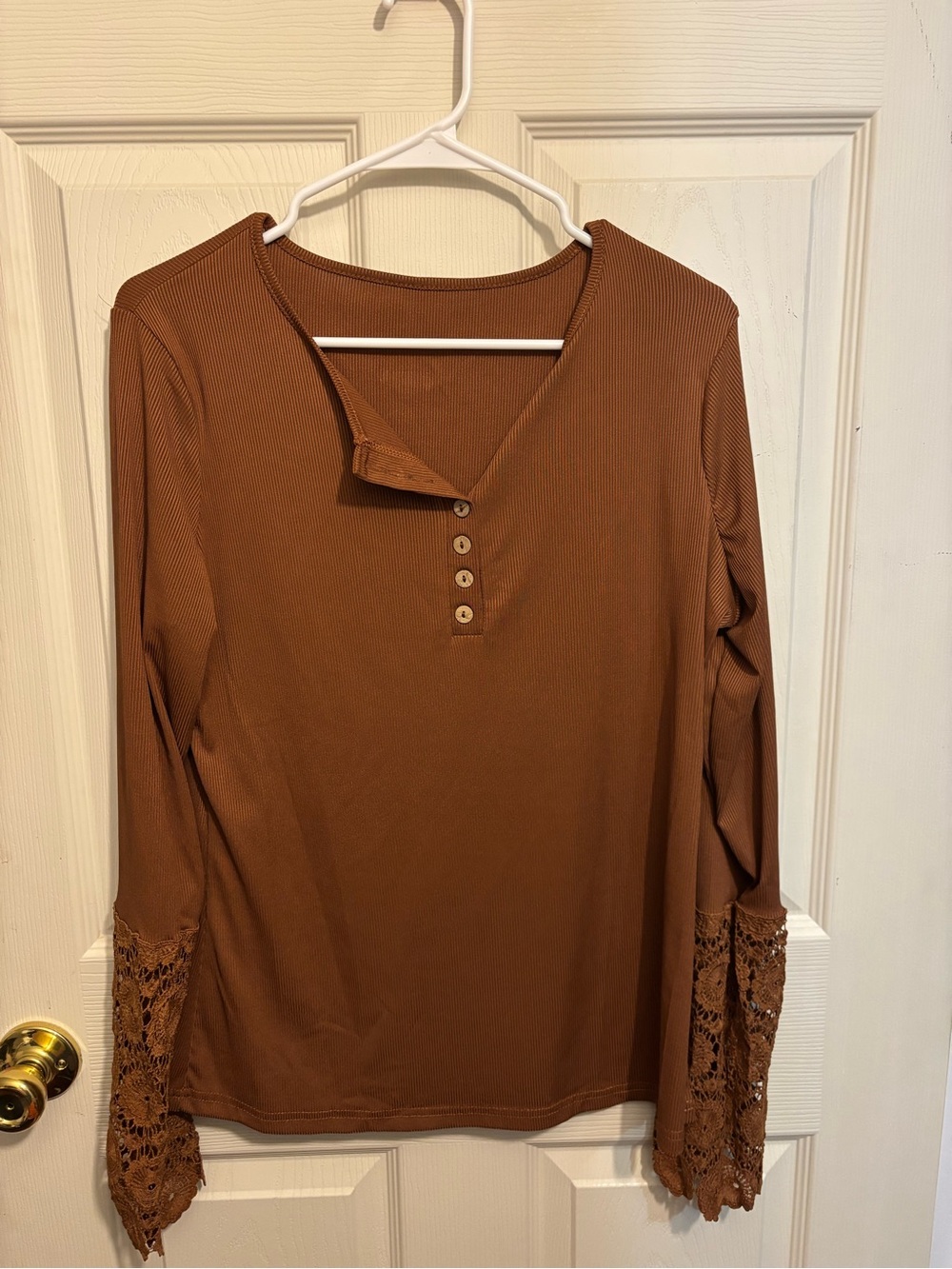 Brown Lace-Sleeve Women's Henley Top XL